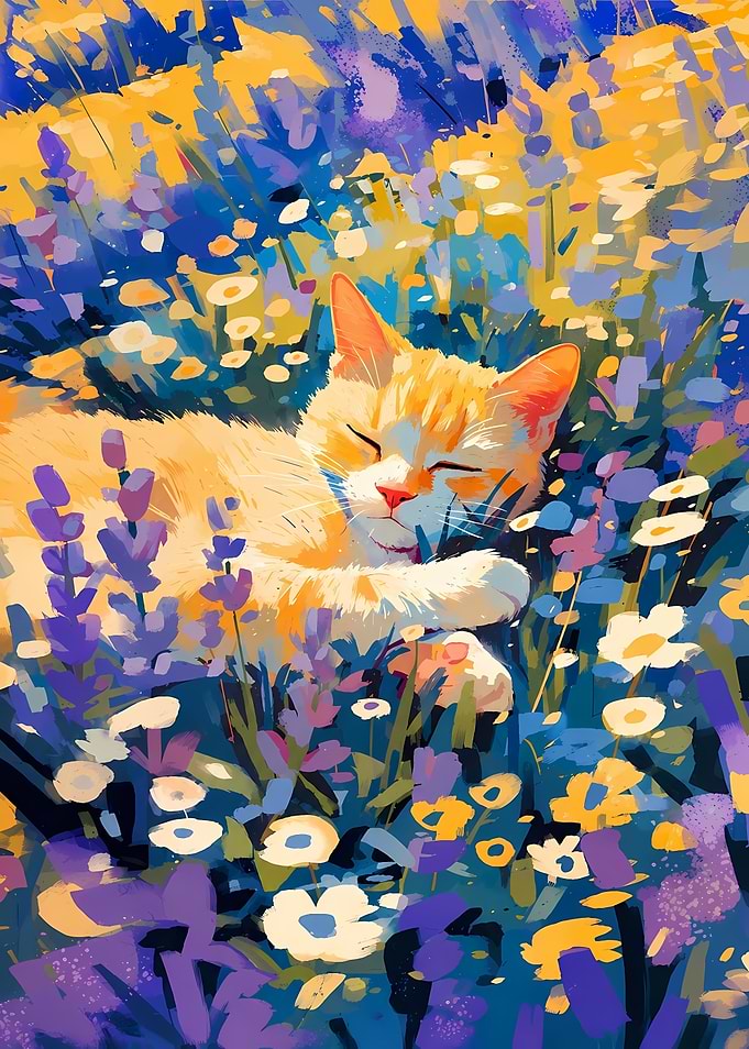 Orange Cat Sleeping in Flowers