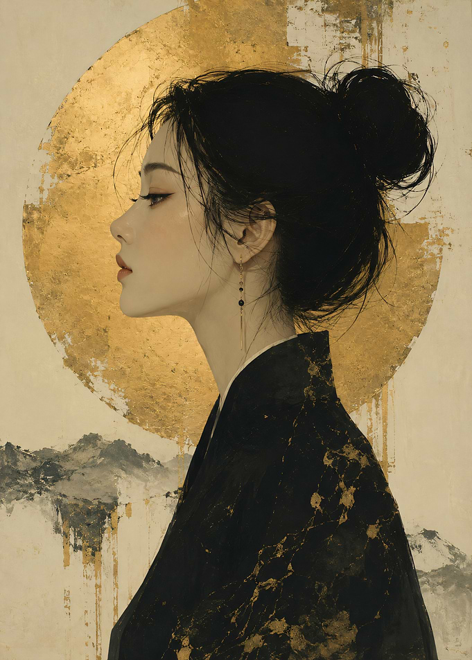 Elegant Asian Woman with Golden Sun