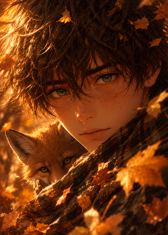 Boy and Fox in Autumn Leaves
