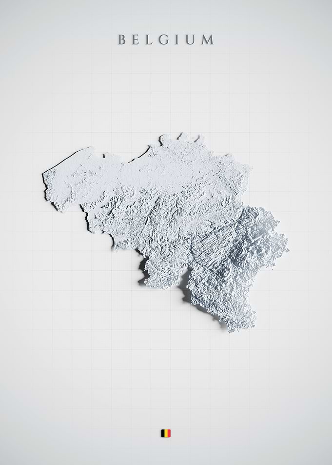 Belgium Relief Study - Light Shaded Terrain Map, 3D Elevation