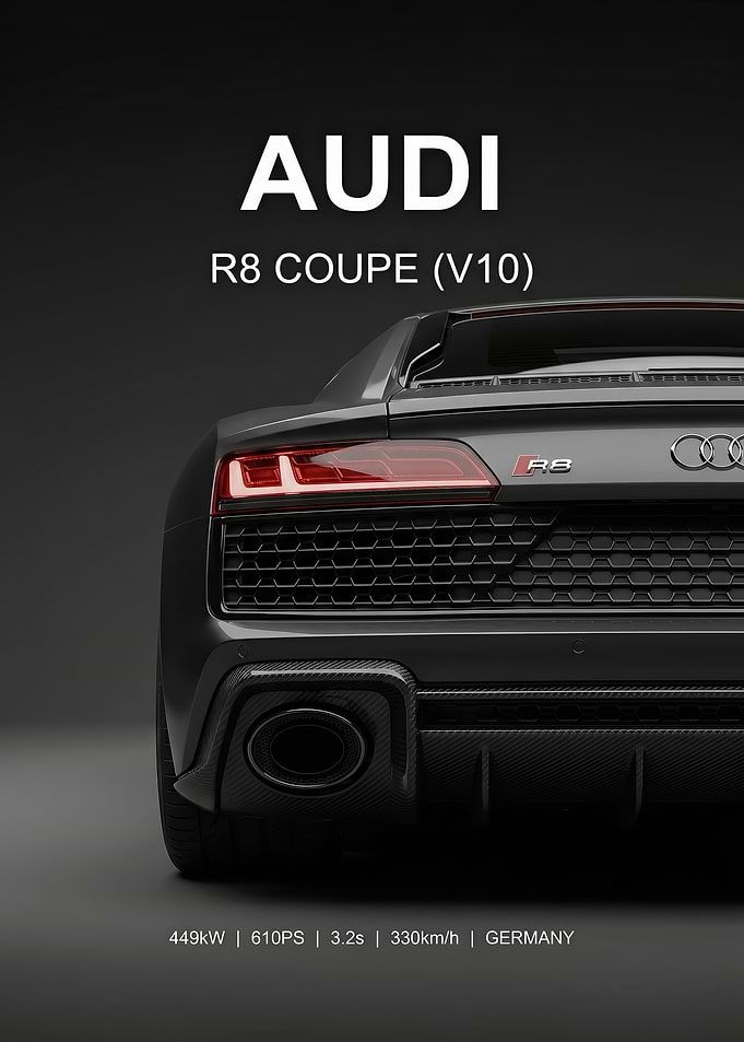 sleek close up Audi R8 V10 Rear View black poster