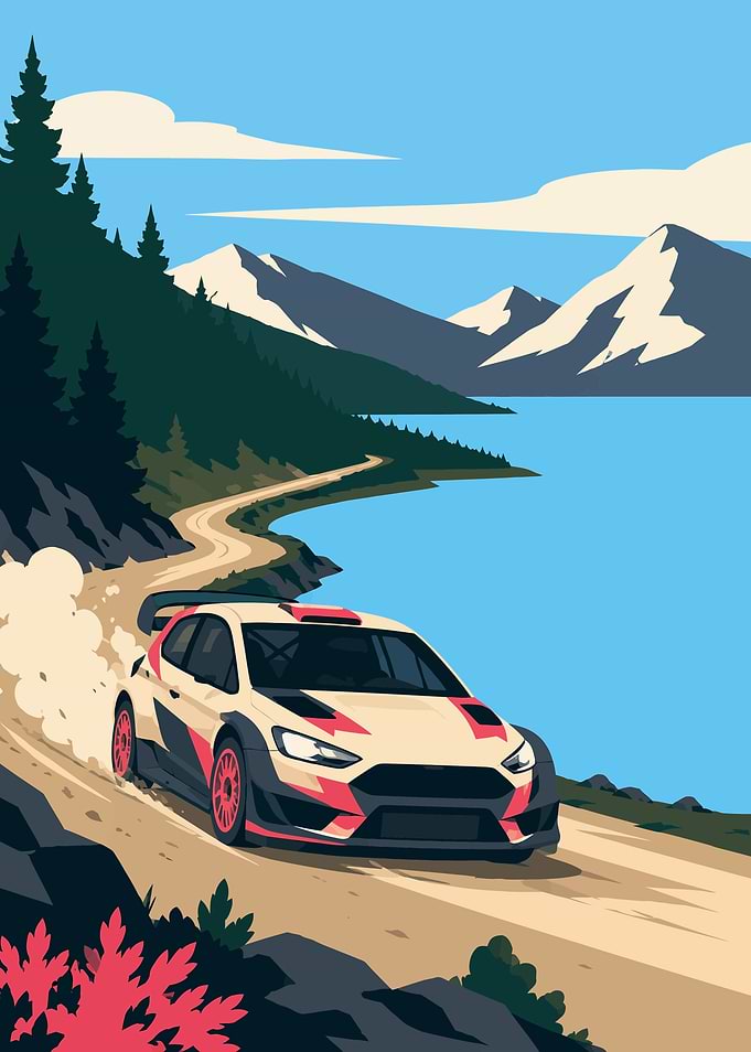 Rally car racing on a scenic mountain road