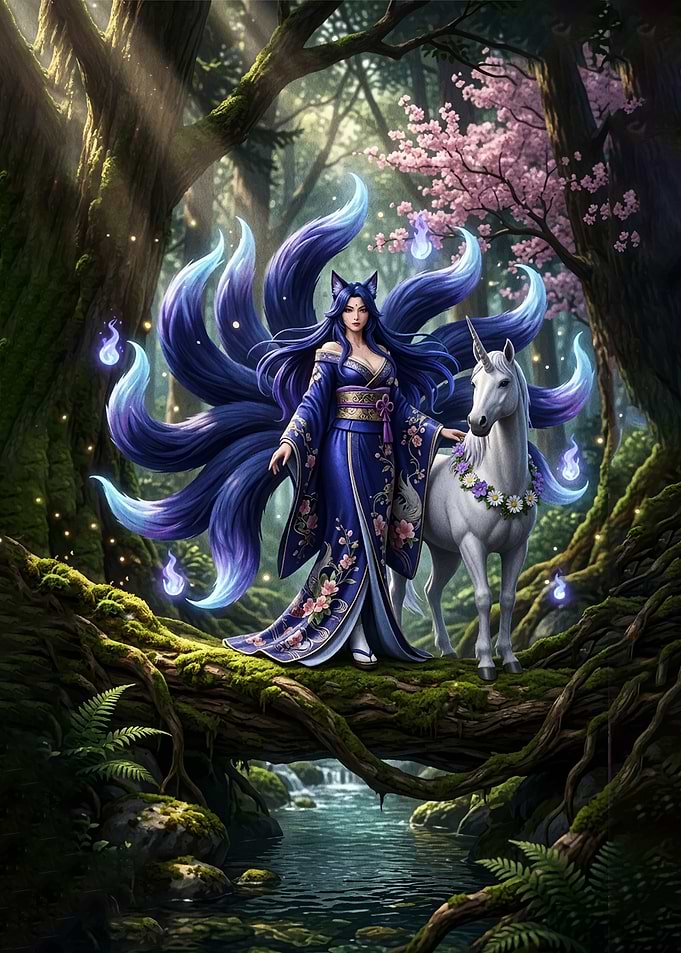 Kitsune and Unicorn in Enchanted Forest