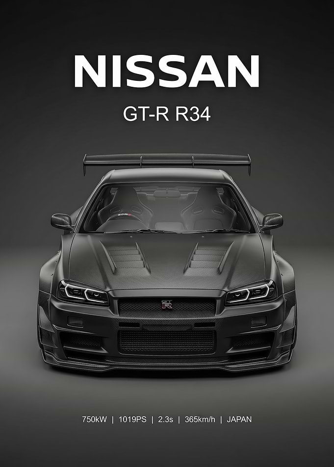sleek black Nissan GT-R R34 Carbon Fiber poster