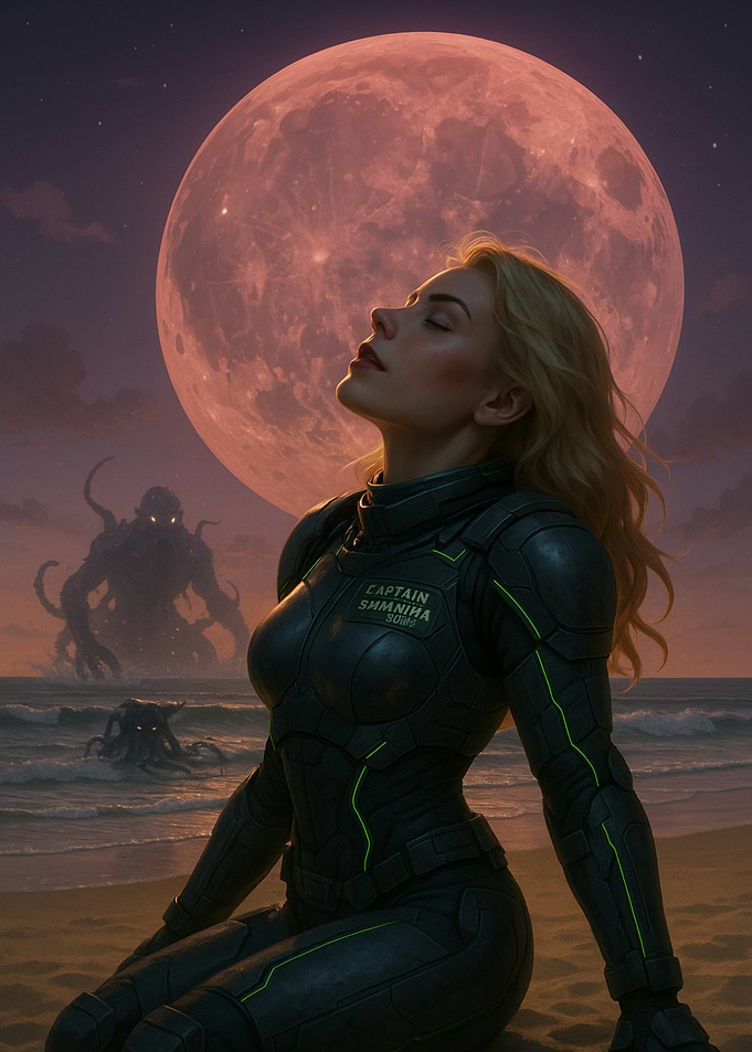 Woman in Sci-Fi Suit Under Giant Moon