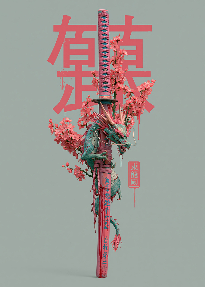 Dragon Wrapped Katana with Cherry Blossoms