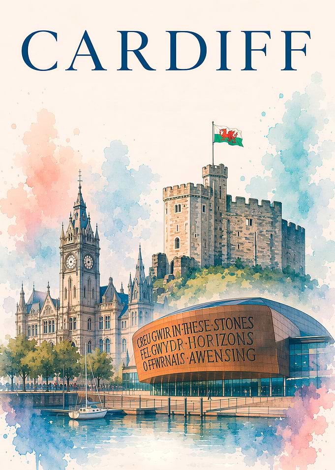 Cardiff Cityscape Watercolor Poster
