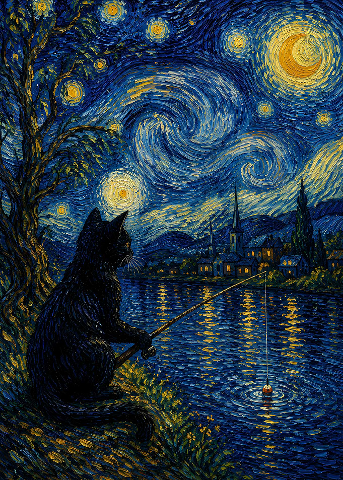 Black Cat Fishing Under Starry Night Sky