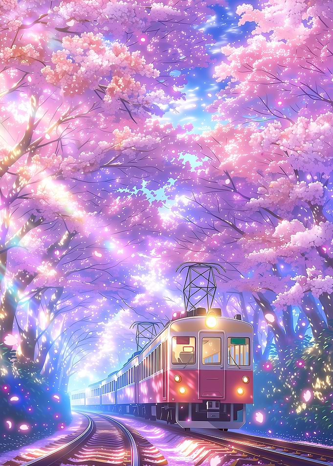 Train passing through cherry blossoms
