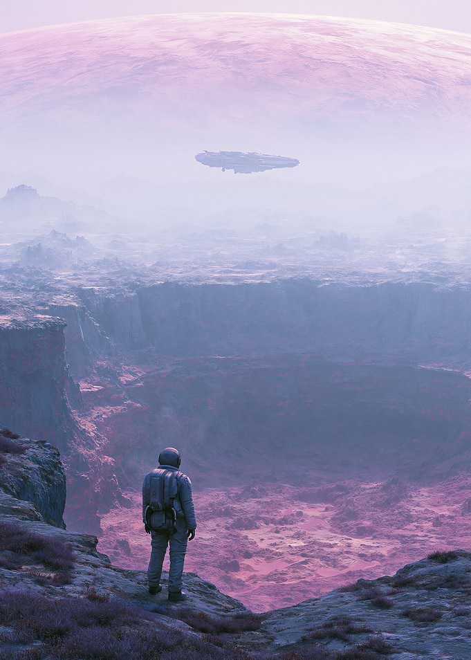 Astronaut on alien planet with spaceship