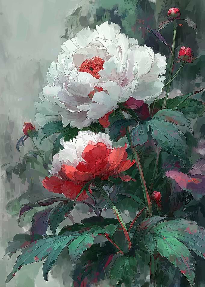 Peony Blossoms in Red and White