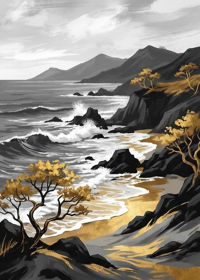 Golden Cliff Ocean Seascape