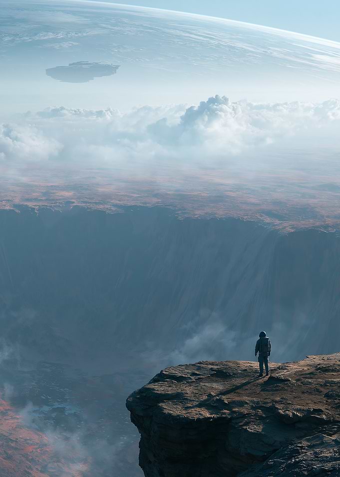 Astronaut on alien planet overlooking canyon