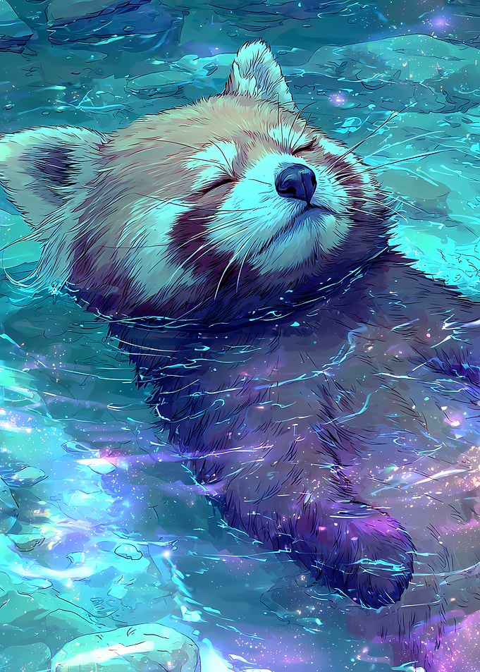 Red Panda Floating in Cosmic Water
