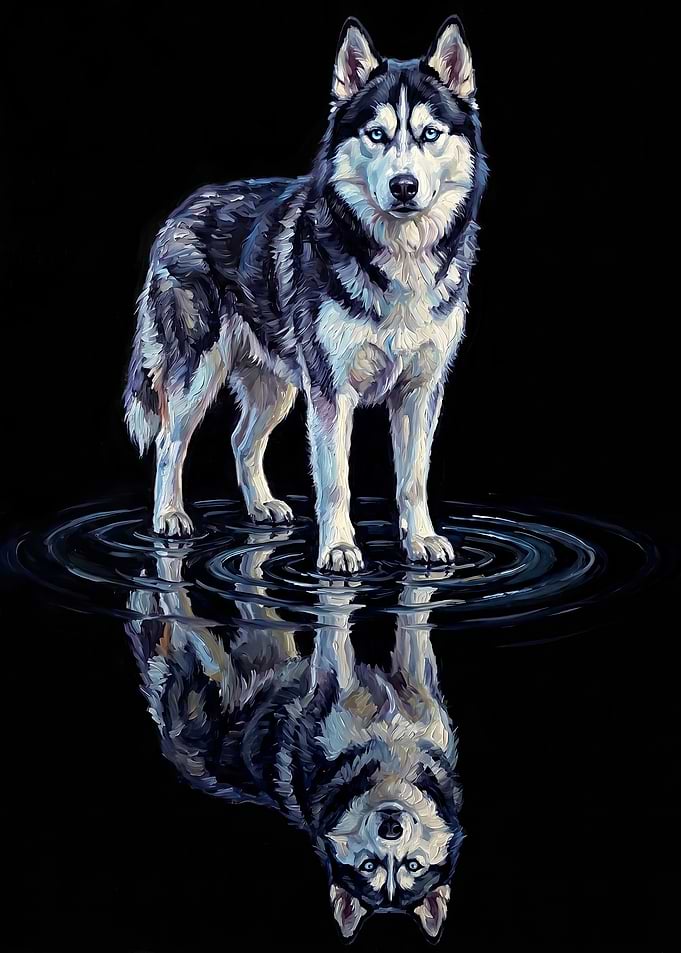 Husky Dog Reflection in Water