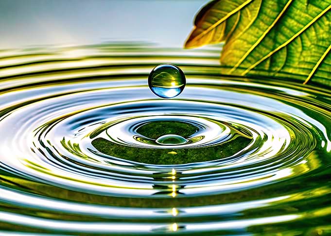 Water drop creating ripples with leaf