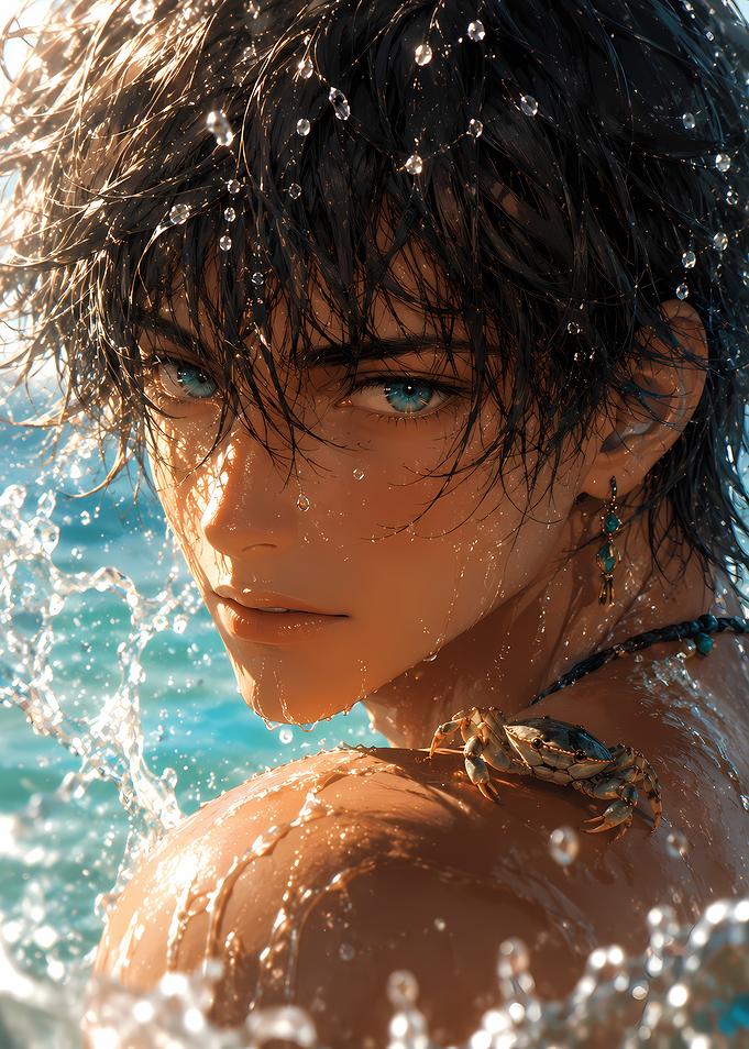 Anime Boy with Crab in Water
