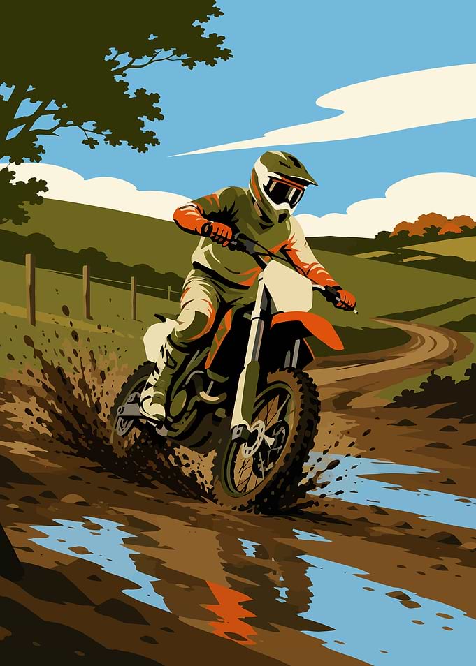 Motocross Rider Splashing Through Mud