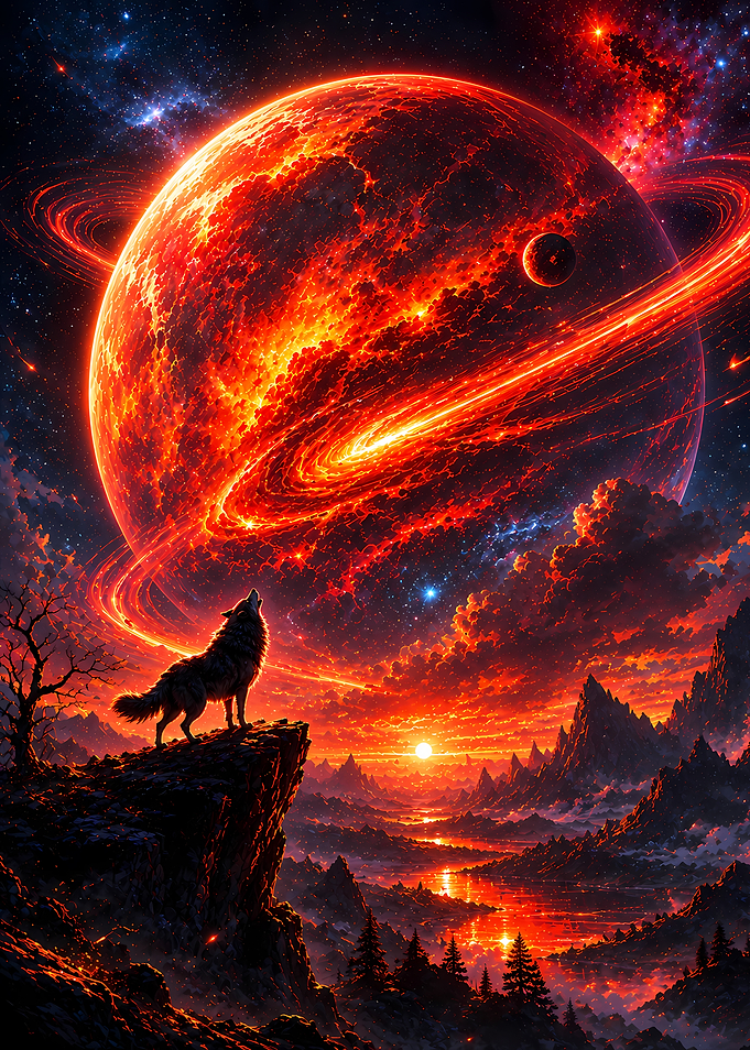Wolf Howling at Fiery Planet
