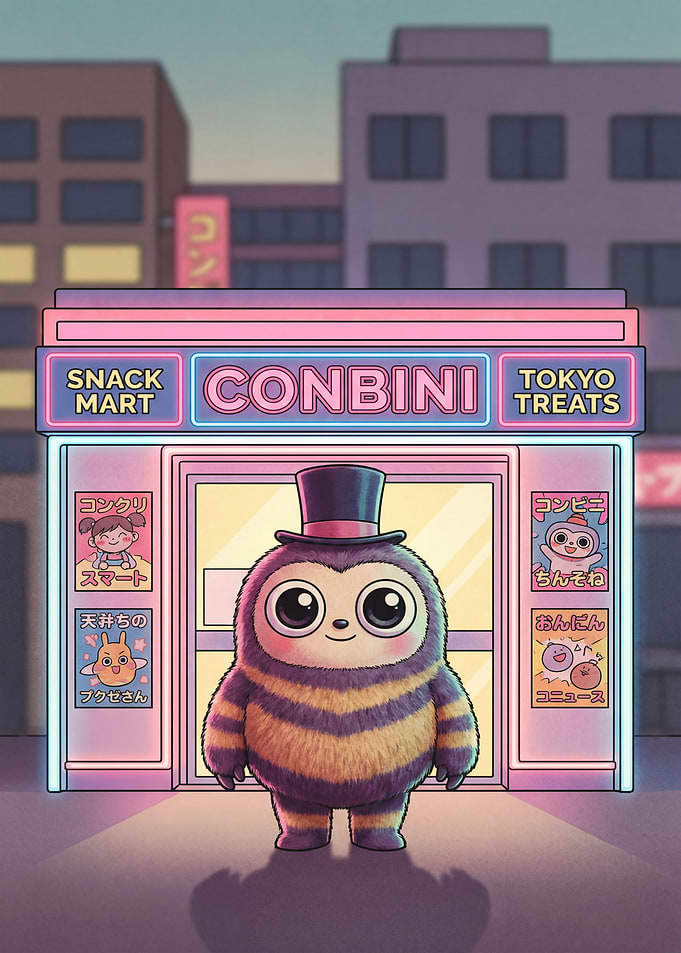 Cute Monster in Front of a Japanese Convenience Store