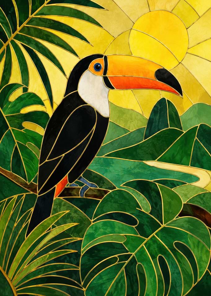 Stained Glass Toucan in Tropical Landscape