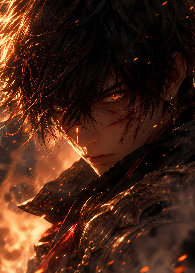 Fiery Anime Warrior Portrait