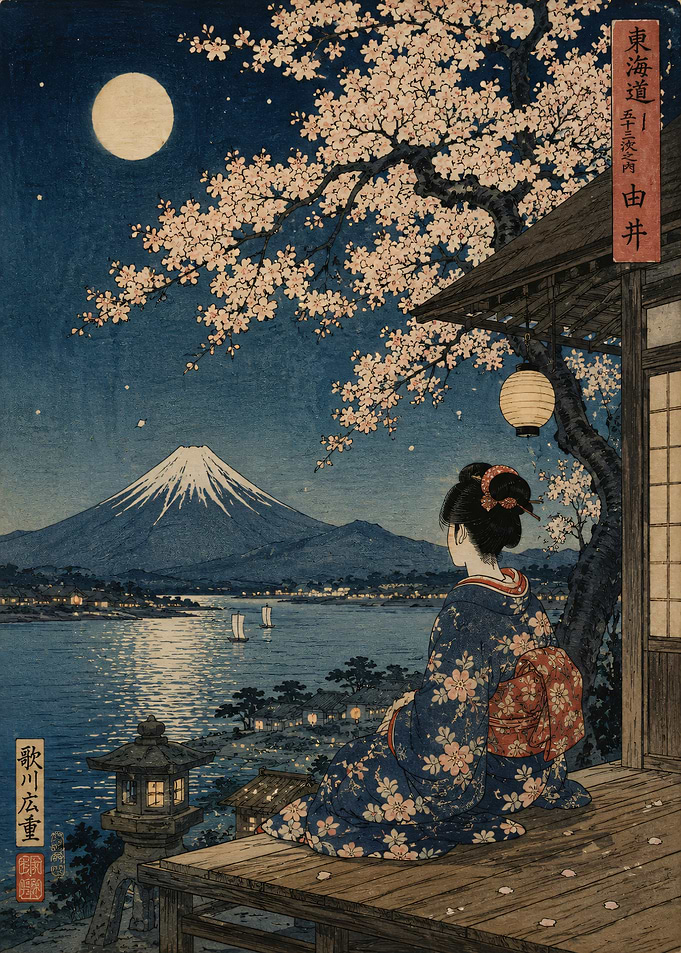 Woman Admiring Mount Fuji at Night