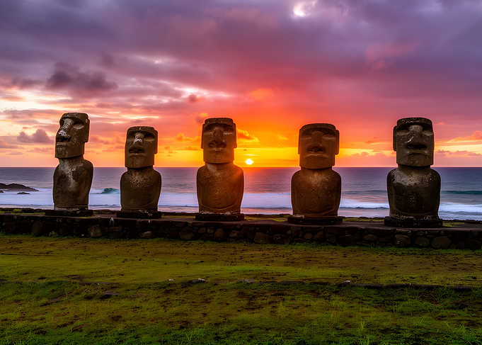 Moai Statues at Sunset