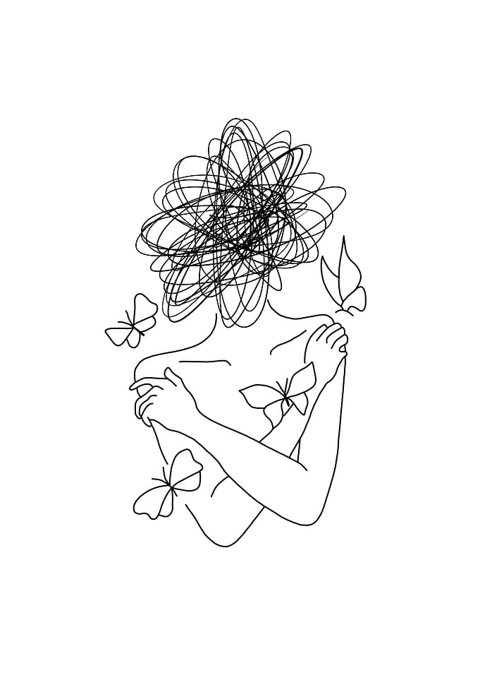 Woman with tangled head and butterflies