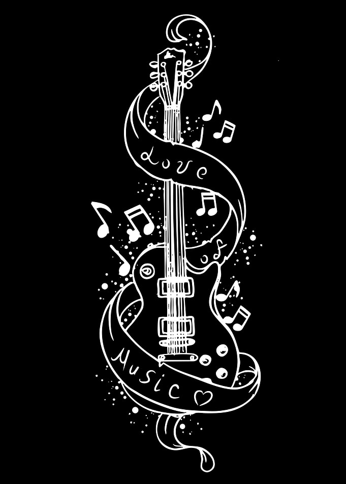 Guitar with Music Notes and Ribbon