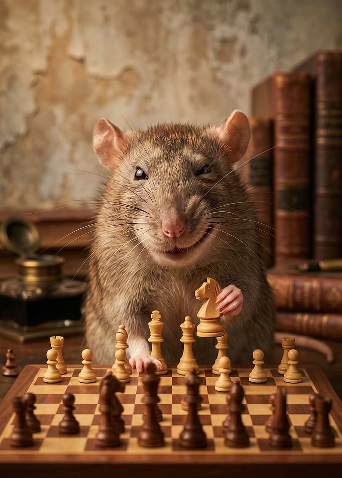 Rat playing chess with books