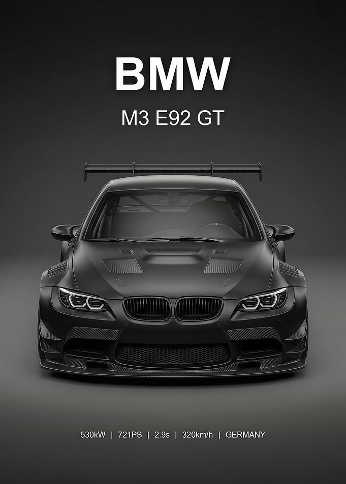sleek Matte Black BMW M3 E92 GT car poster