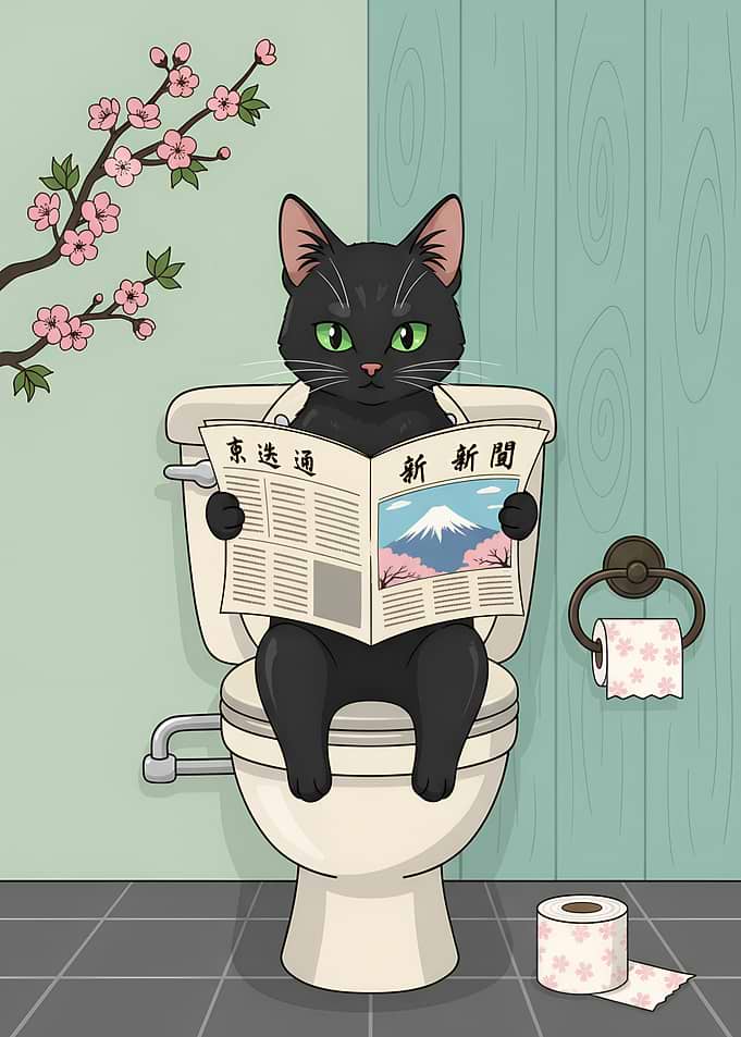 Cat Reading Newspaper on Toilet