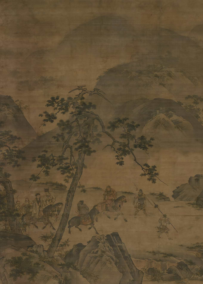 Ancient Asian Landscape with Horsemen Kongming Leaving the Mountains