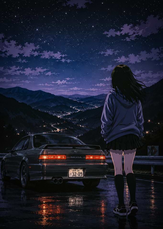 Girl and Car Under Starry Night Sky