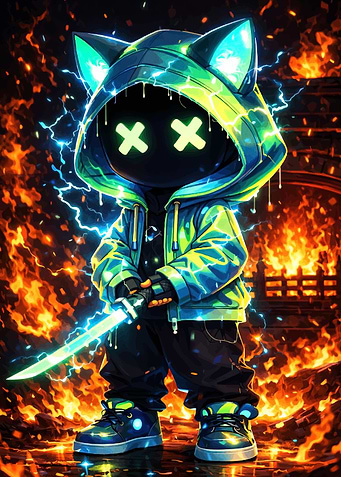 Cyberpunk Cat Character with Katana