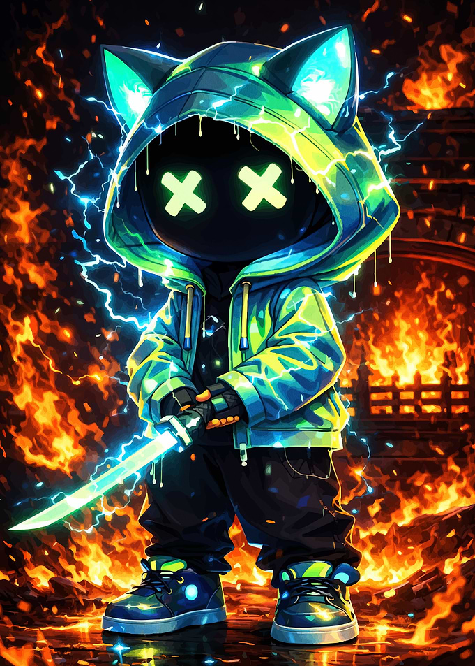 Cyberpunk Cat Character with Katana