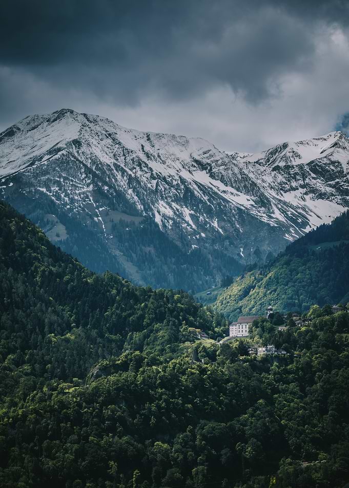 Snow-capped mountains and a village in Switzerland
