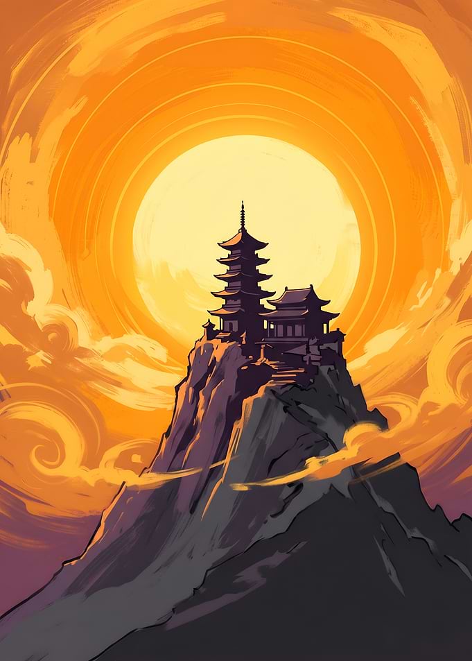 Japanese Pagoda on Mountain Peak at Sunset