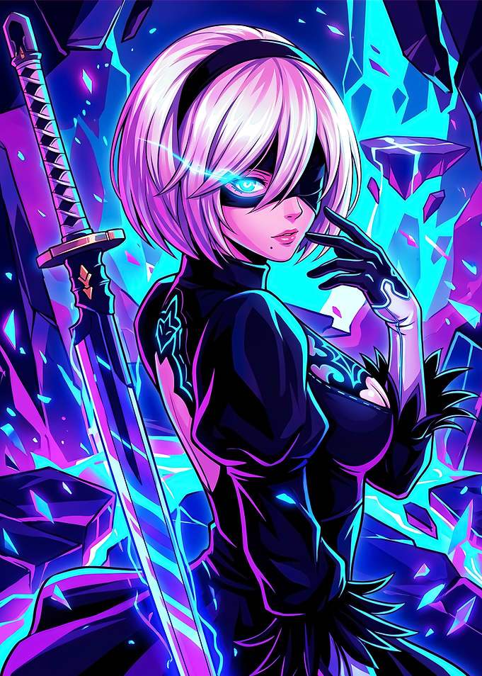 2B with Sword and Neon Background