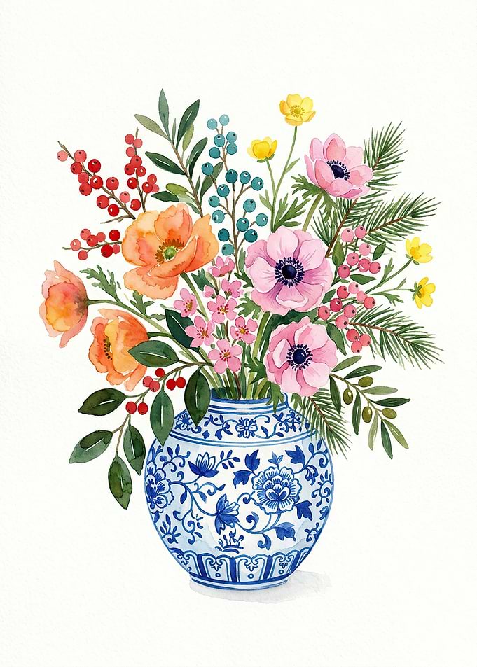 Watercolor Floral Arrangement in Blue and White Vase
