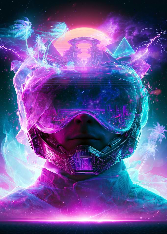 Cyberpunk VR Headset with Neon Landscape