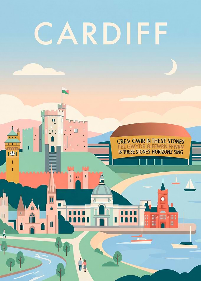 Cardiff Cityscape Vintage Poster