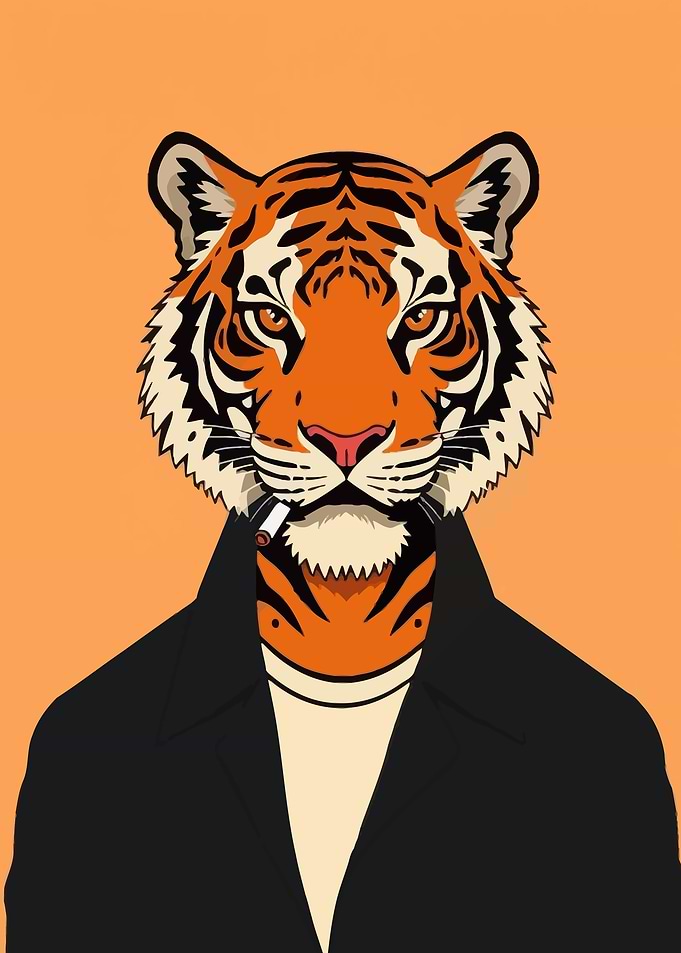 Tiger wearing a jacket and smoking