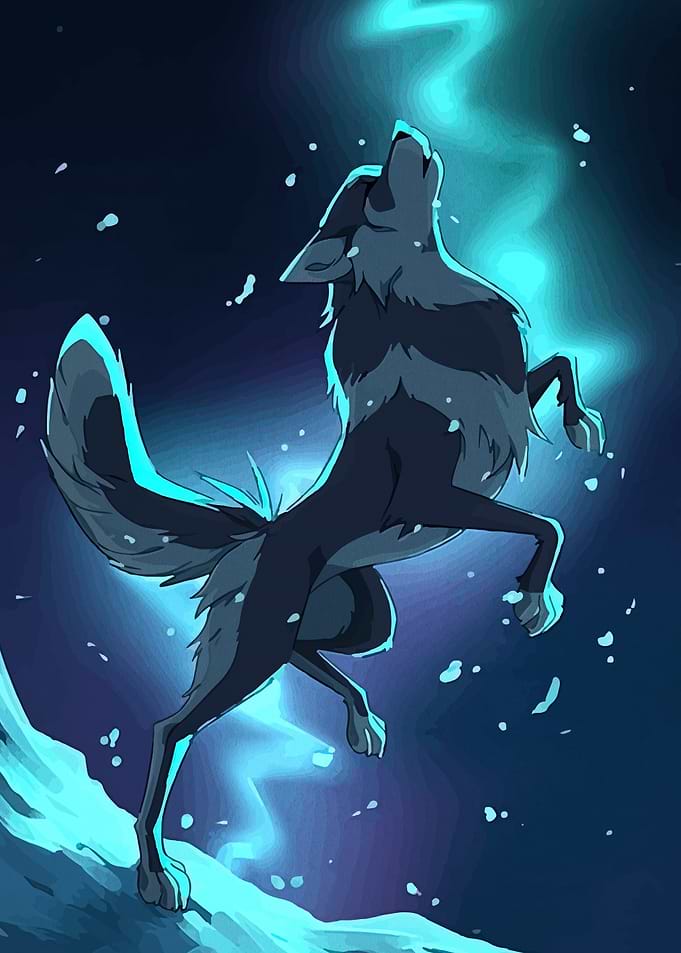Wolf howling at the aurora