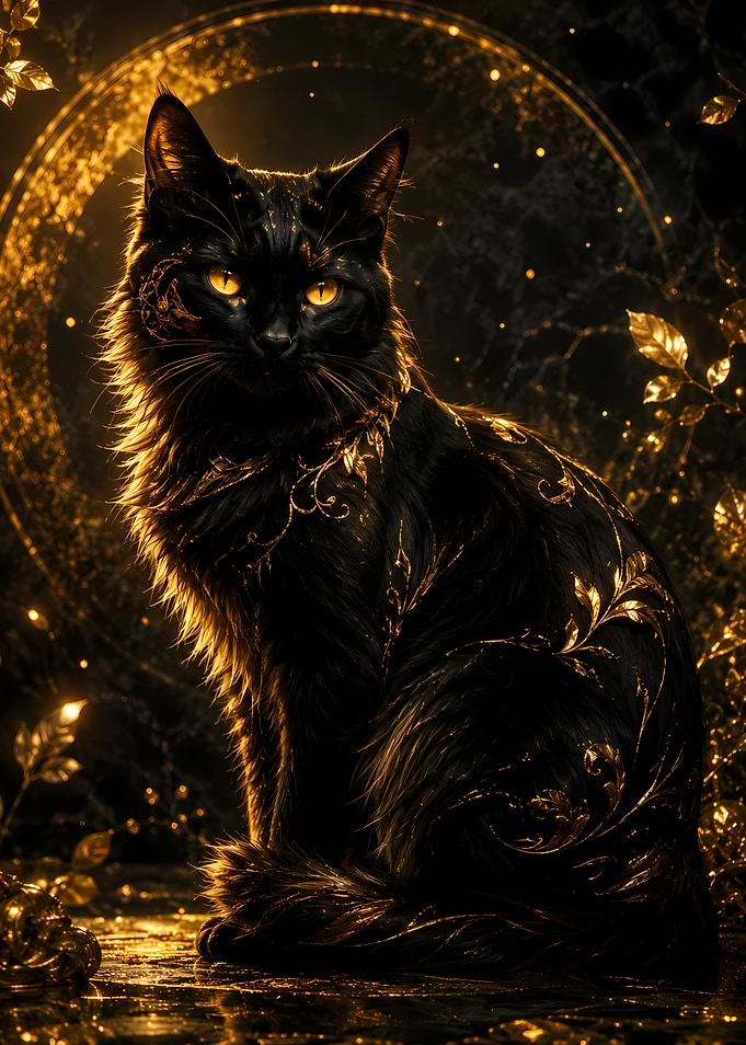 Enchanted Black Cat with Golden Ornaments