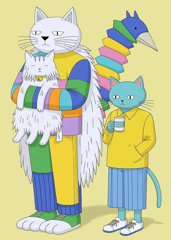 Three anthropomorphic cats in colorful clothing