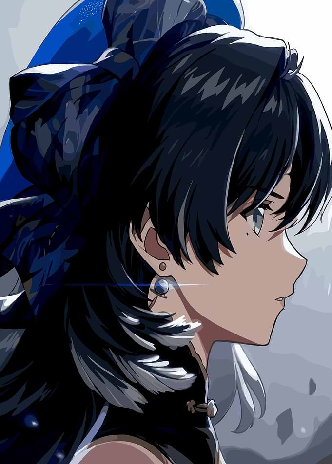 Anime Girl with Black Hair and Blue Bow