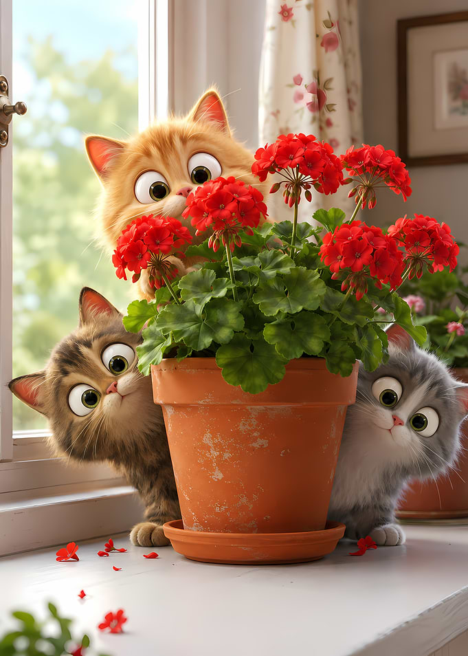 Three Curious Kittens Peeking Over Flowers