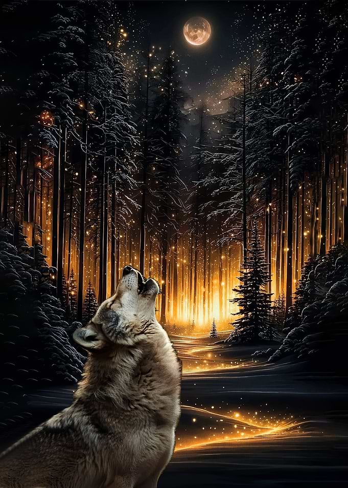 Wolf howling at the moon in a magical forest